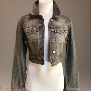 Boho Hippie Festival Crop Dark Wash Faded Gray Jean Jacket Womens XS Jun…